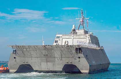 SAN DIEGO (July 5, 2017) The littoral combat ship USS Gabrielle Giffords (LCS 10) arrives at its homeport of Naval Base San Diego. Gabrielle Giffords is the newest Independence-variant littoral combat ship and one of seven littoral combat ships homeported in San Diego. U.S. Navy photo by MCSN Nicholas Burgains