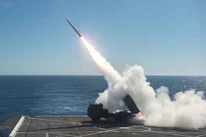 PACIFIC OCEAN (Oct. 22, 2017) The High Mobility Artillery Rocket System (HIMARS) is fired from the flight deck of the amphibious transport dock ship USS Anchorage (LPD 23) during Dawn Blitz 2017 over the Pacific Ocean, Oct. 22, 2017. Dawn Blitz is a scenario-driven exercise designed to train and integrate Navy and Marine Corps units by providing a robust training environment where forces plan and execute an amphibious assault, engage in live-fire events, and establish expeditionary advanced bases in a land and maritime threat environment to improve naval amphibious core competencies. U.S. Navy photo by MC2 Matthew Dickinson