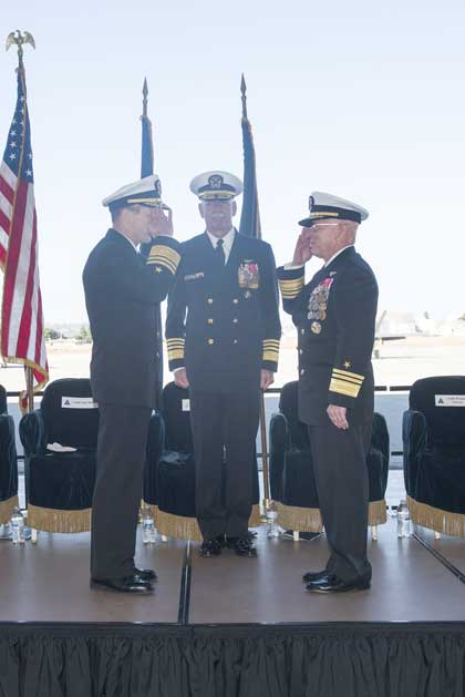 SAN DIEGO (January 11, 2018) Vice Adm. Mike Shoemaker, left, and Vice Adm. DeWolfe Miller III, right, render a hand salute during a Commander, Naval Air Forces change of command ceremony at Naval Air Station North Island. Miller relieved Shoemaker as commander of Naval Air Forces. U.S. Navy photo by MC1 Paolo Bayas