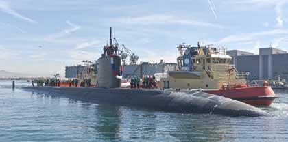 SAN DIEGO (Feb. 2, 2018) The Los Angeles-class fast attack submarine USS Annapolis (SSN 760) arrives in her new homeport at Naval Base Point Loma. USS Annapolis is the fourth ship to be named for Annapolis, Md., site of the U.S. Naval Academy. She arrived after two years of extensive maintenance at Portsmouth Naval Shipyard in Kittery, Maine and three months operating at sea. U.S. Navy photo by MC2 Derek Harkins.