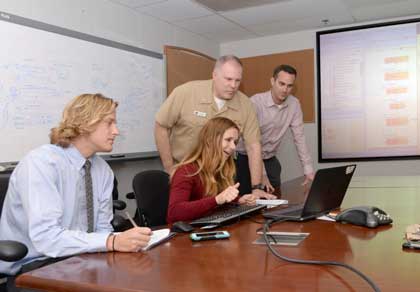 (Dec. 19, 2019) SAN DIEGO Sam Rix, seated, a System of Systems Engineering Analyst assigned to Space and Naval Warfare Systems Command (SPAWAR) and Capt. Dave Glenister, SPAWAR Cyber Risk to Mission Lead and support contractor Andrew Garlington collaborate to update SPAWAR's Enterprise Architecture Integrated Dictionary as support contractor Quay Snyder, foreground, takes notes. SPAWAR's dictionary ensures the interoperability of SPAWAR-developed Navy systems prior to fleet installation and provides engineers with a list of standardized terms to use when developing a system or building a model. Standardized vocabulary allows systems to communicate clearly, to speak the same language and to successfully work together. U.S. Navy photo by Rick Naystatt