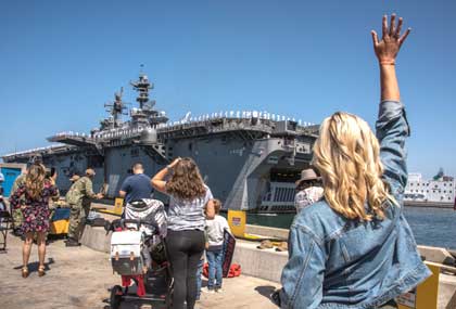 SAN DIEGO (May 23, 2021) Amphibious assault ship USS Makin Island (LHD 8) returns to Naval Base San Diego. Makin Island, lead ship of the Makin Island Amphibious Ready Group, returned to Naval Base San Diego May 23 after a deployment to U.S. 3rd, 5th, 6th and 7th Fleets where they served as a crisis-response force for combatant commanders in the Africa, Central and Indo-Pacific Commands. U.S. Navy photo by MC2 Natalie M. Byers.