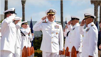 SAN DIEGO (June 16, 2022) – Vice Adm. Michael Boyle salutes sideboys during his change of command ceremony at Naval Base Point Loma, June 16. Boyle became the 32nd commander of U.S. 3rd Fleet, a combat-ready force of more than 68,000 people, 100 ships and 400 aircraft stationed throughout California, Hawaii and Washington. An integral part of U.S. Pacific Fleet, U.S. 3rd Fleet not only leads naval forces in the Indo-Pacific, but also provides the realistic, relevant training necessary to flawlessly execute our Navy’s role across the full spectrum of military operations—from combat operations to humanitarian assistance and disaster relief. U.S. 3rd Fleet works together with our allies and partners to advance freedom of navigation, the rule of law, and other principles that underpin security for the Indo-Pacific region. U.S. Navy photo by Mass Communication Specialist 2nd Class Maria G. Llanos.