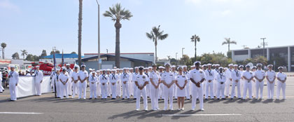 Navy Medicine Readiness and Training Command Camp Pendleton and Expeditionary Medical Facility 150 Alpha Sailors form for a group photograph prior to marching in the 2025 Oceanside Independence Day Parade on June 28, 2025, in Oceanside, Calif. The combined marching unit, trained and led by Chief Petty Officer Brian Nelson, represented the Navy and Navy Medicine to the Oceanside crowd as the city celebrates the 249th birthday of the nation. For 250 years, Navy Medicine – represented by more than 44,000 highly-trained military and civilian healthcare professionals – has delivered quality healthcare and enduring expeditionary medical support to the warfighter on, below, and above the sea, and ashore. 